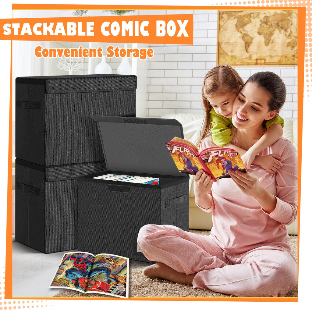 Leffis Comic Book Storage Box, Comic Book Box 15.5" X 7.5" X 11.3", Collapsible Comic Short Box with Lids Holds 150 Comics Heavy Duty Comic Book Bin Container