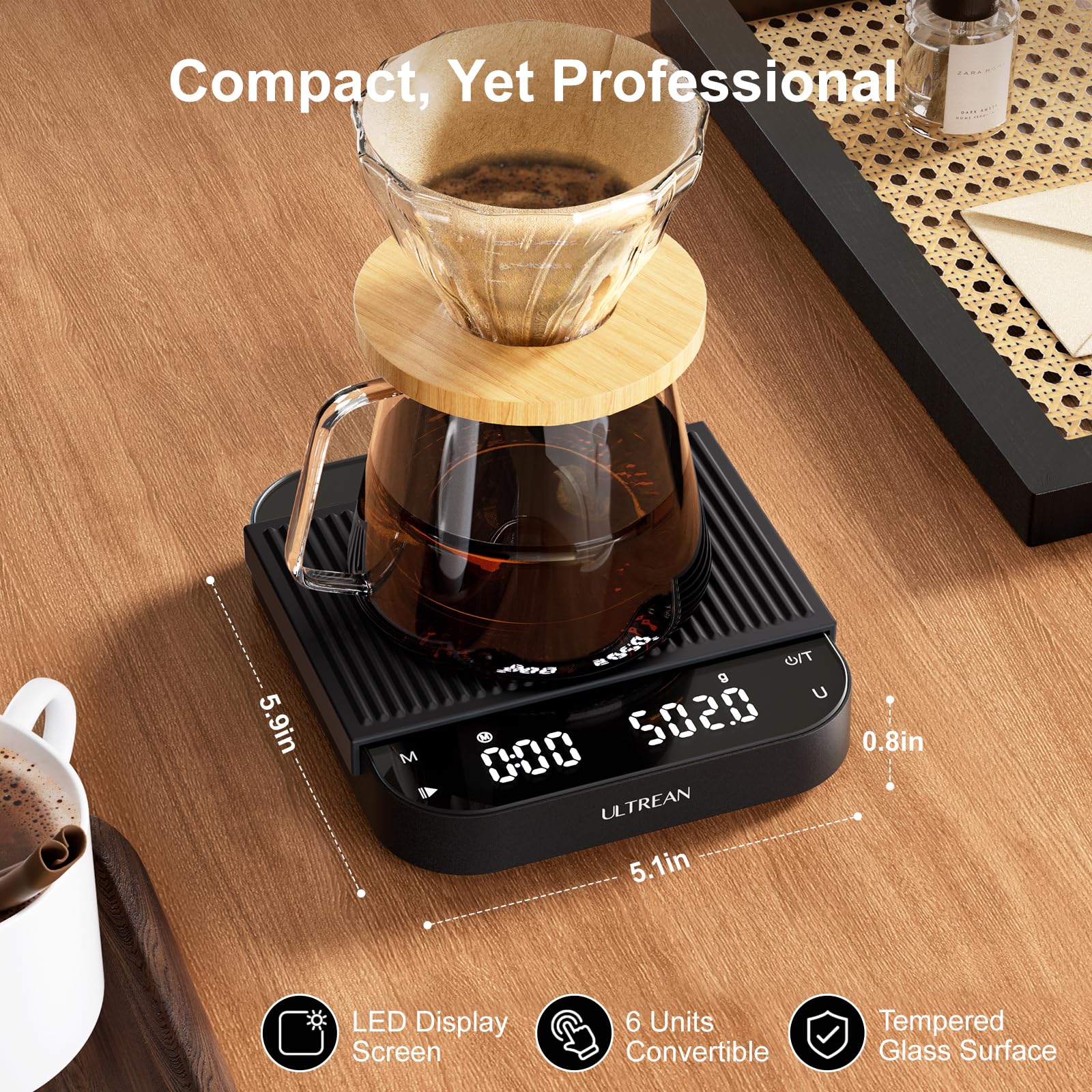 Ultrean Coffee Scale with Timer, 3kg/0.1g High Precision Drip Espresso Scale with Auto Tare, Rechargeable Kitchen Food Scale with Digital LED, Touch Sensor and Silicone Cover, 6 Units, Black