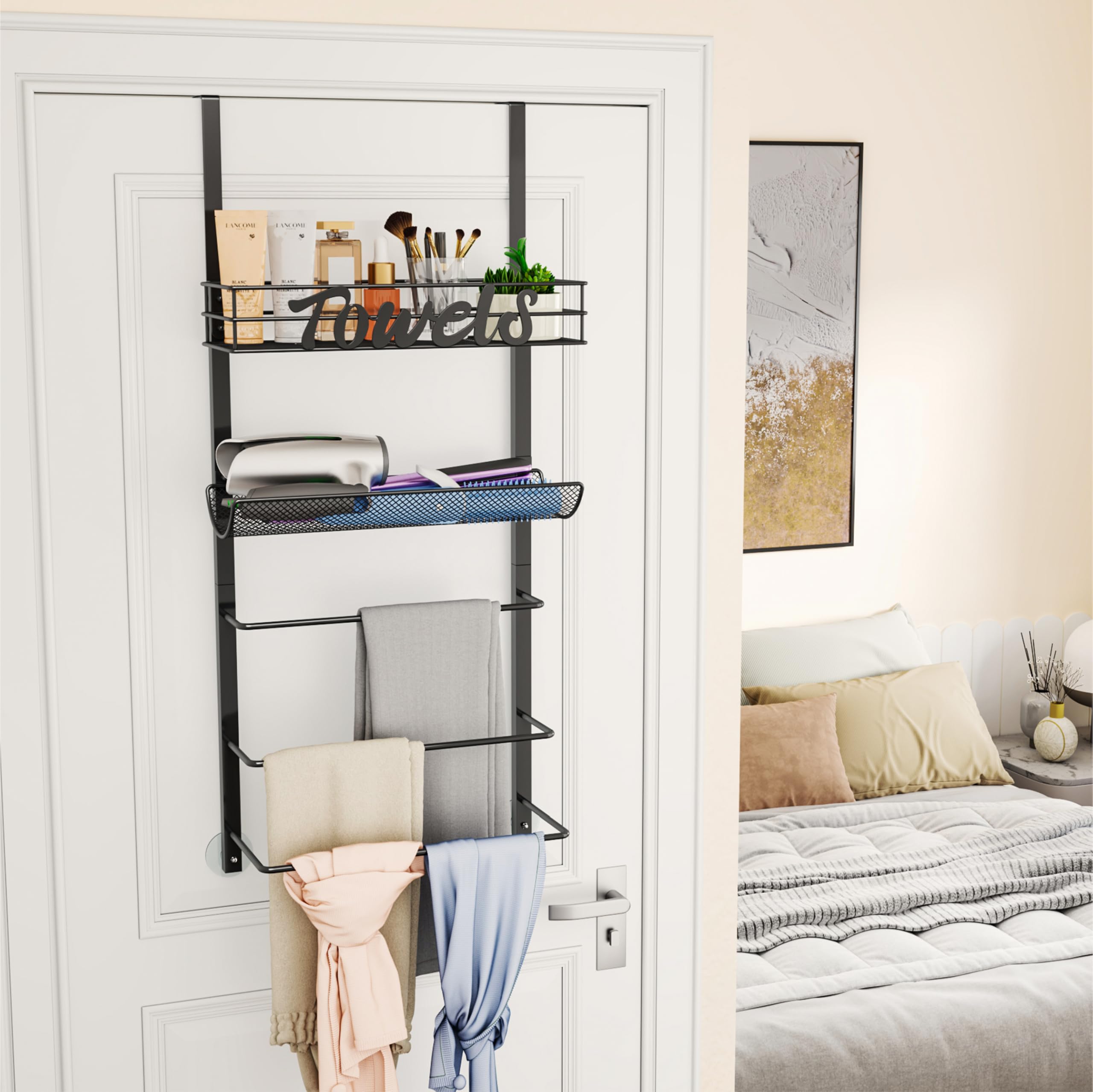 SWTYMIKI Towel Rack for Bathroom - 5 Tier Over Door The Towel Rack Wall Mounted with Metal Shelf, Over Door Towel Holder, Space-Saving Bathroom Storage, Multi-Functional Bathroom Accessories, Black