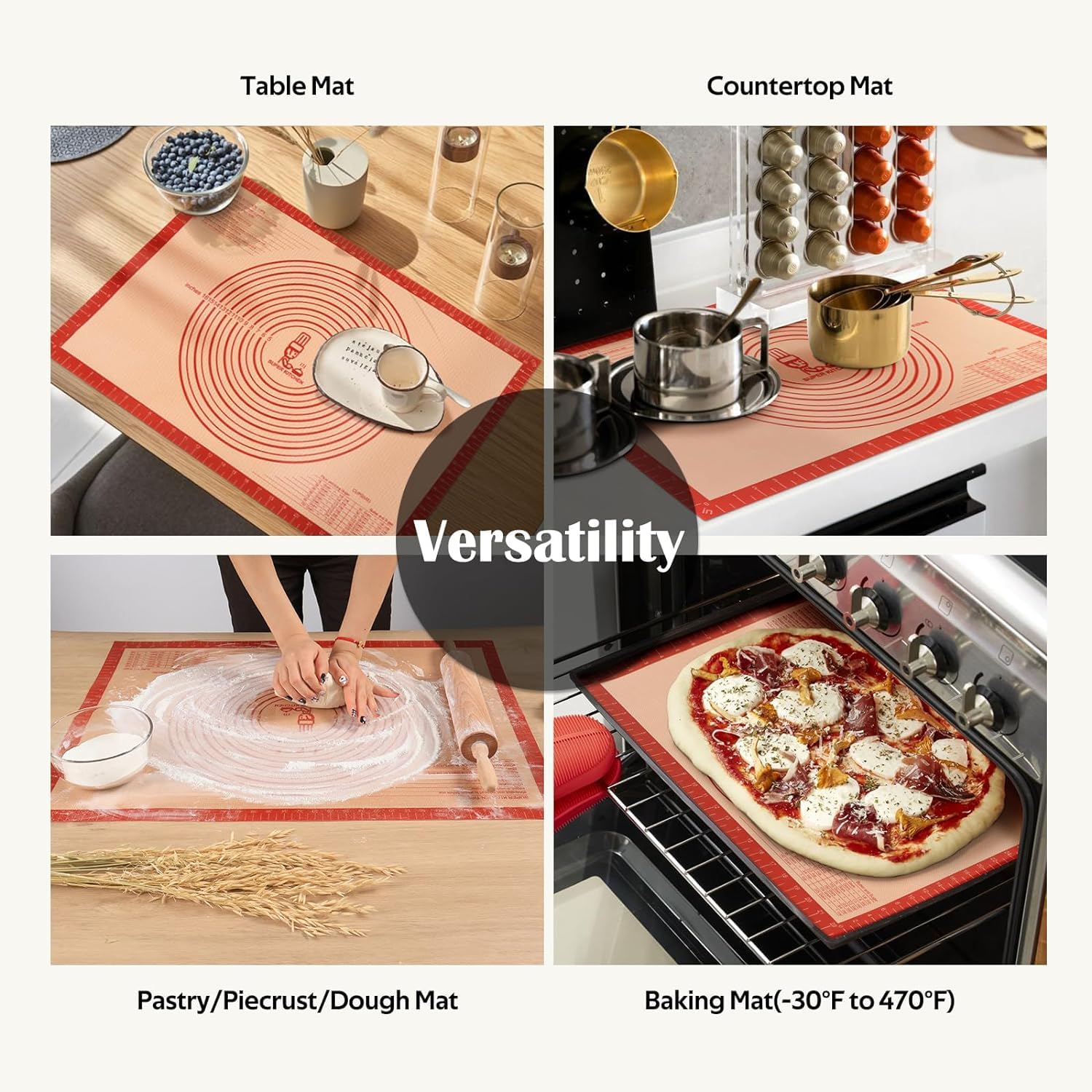 Non-Slip Silicone Pastry Mat Extra Large with Measurements 28''by 20'' for Baking Mat, Counter, Dough Rolling, Oven Liner,Fondant/Pie Crust by Folksy Super Kitchen (Red,20×28