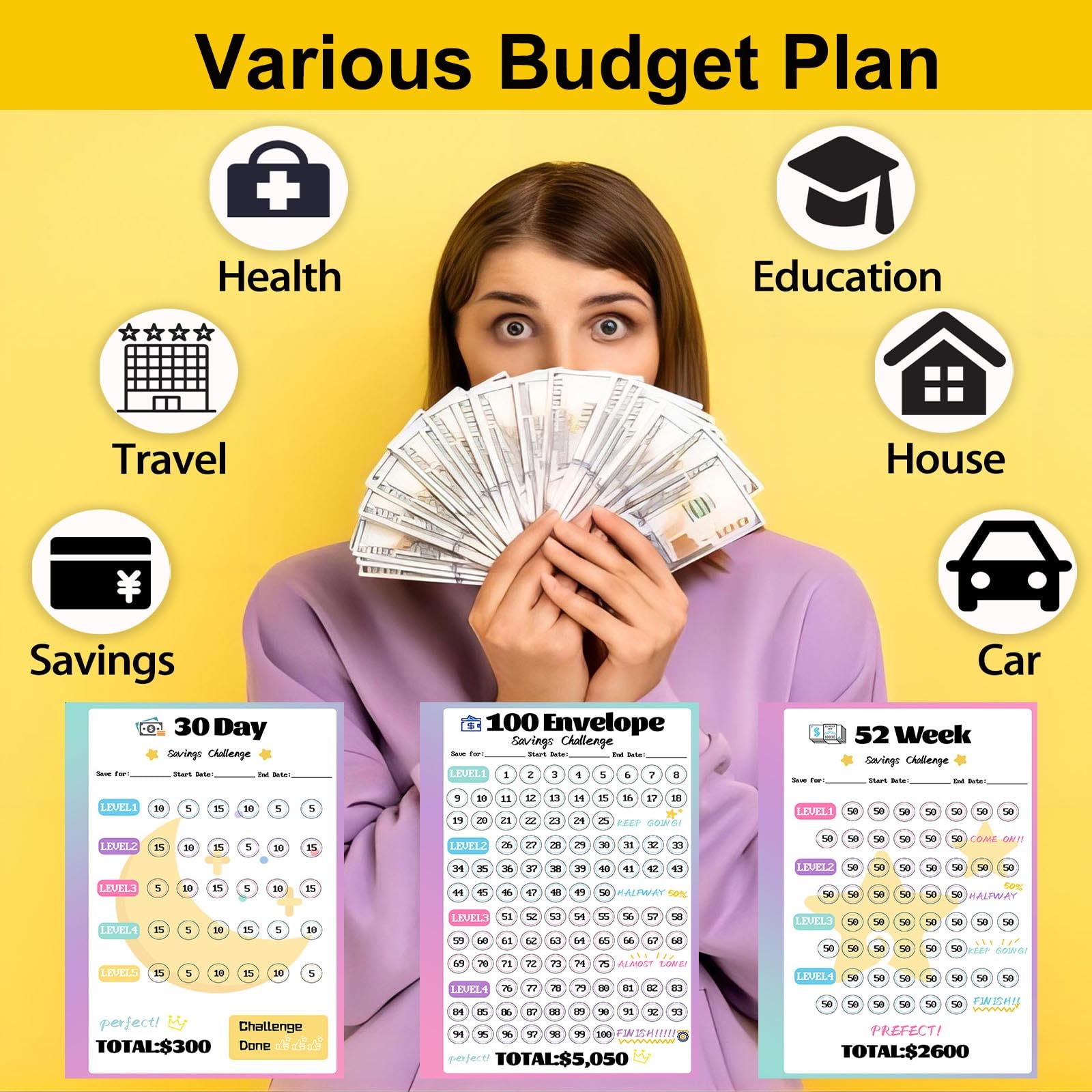 100 Envelopes Challenge Binder, Money Savings Challenges Book to Save $5,050 and $2,600 and $300, A5 Dinero Saving Planner Cash Budget Organizer, Black