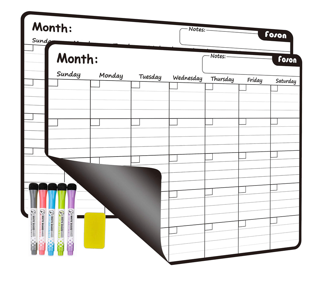 Dry Erase Calendar White Board-Set of 2 Magnetic White&Black Monthly Calendar for Refrigerator Whiteboard with Thickened Magnet Include Five Fine Point Markers