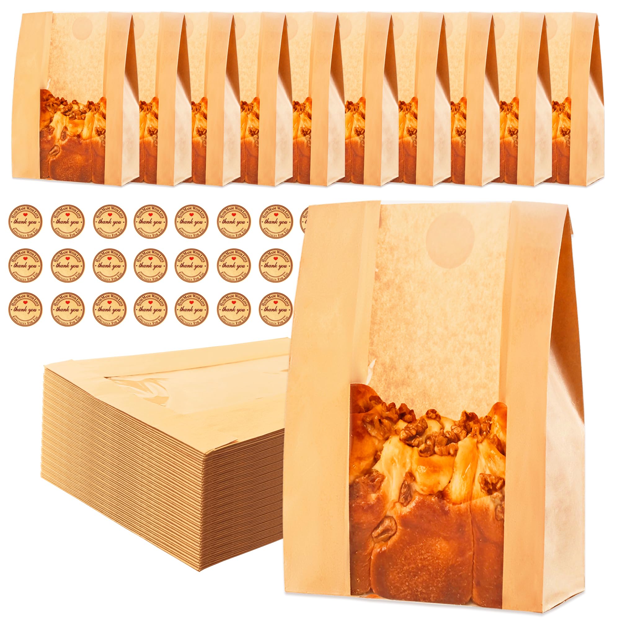 Homrelaxy 120Pcs Paper Bread Bags for Homemade Bread, Sourdough Bag with Window, 13.7 x 8.3 x 3.5 Inch Large Brown Kraft Bakery Bags for Storing Loaves & Snacks, Includes 130 Sealing Stickers