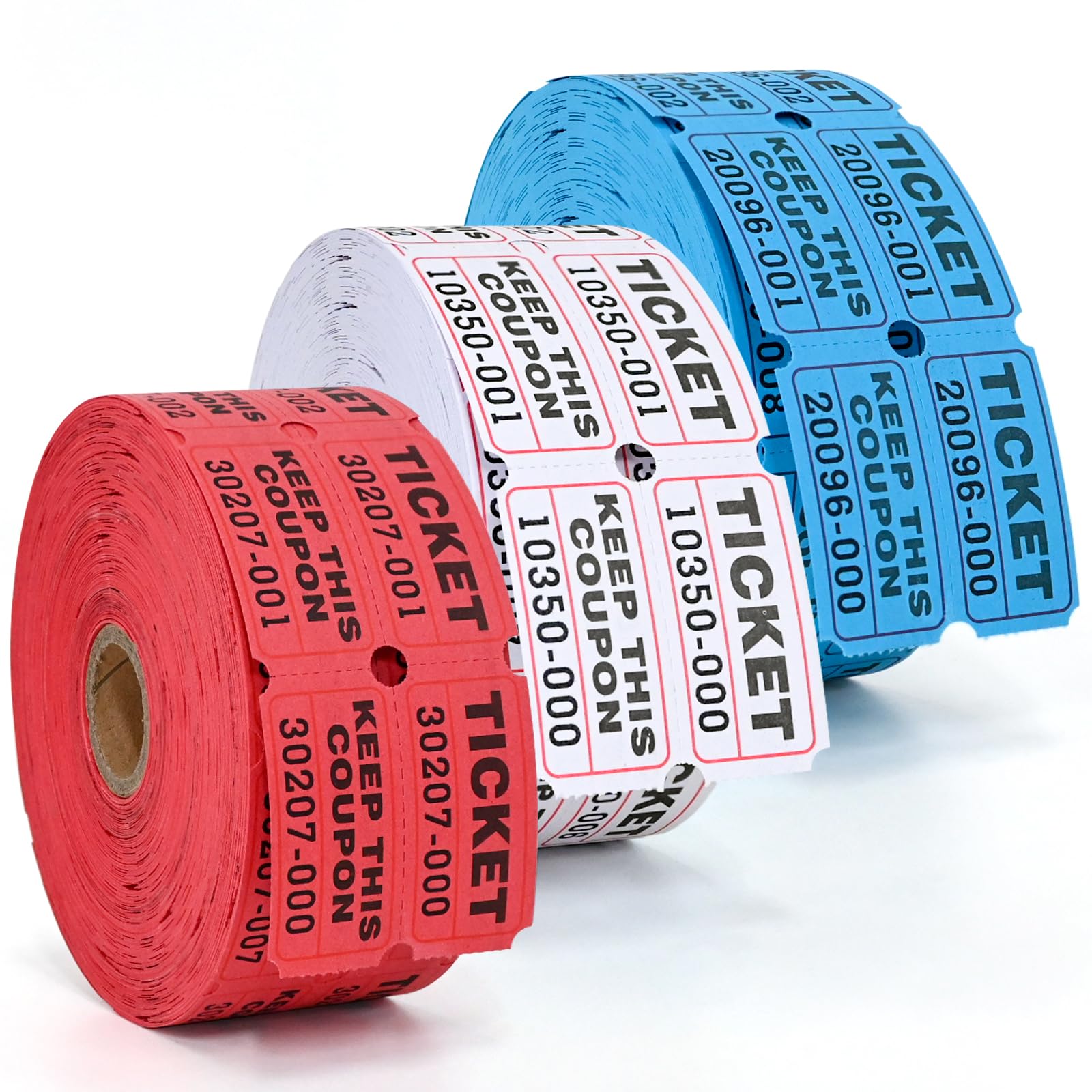 L LIKED Raffle Tickets with Consecutive Serial Numbers, 3 Rolls of 1000, 50/50 Raffle Tickets Double Roll for Events, Entry, Class Reward & Prizes (Red+Blue+White)