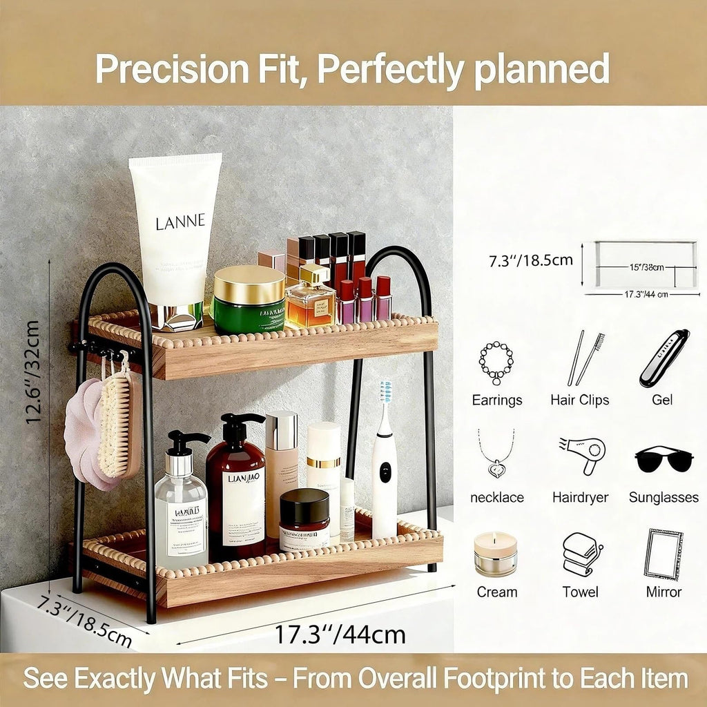 Perfume Organizer & Makeup Stand 2-Tier with 8 Hooks - Large Bathroom Counter Shelf for Vanity Storage, Skincare Display & Cologne Dresser Beauty Holder |Washroom Paulownia Wood Tray (44x18.5x32cm)