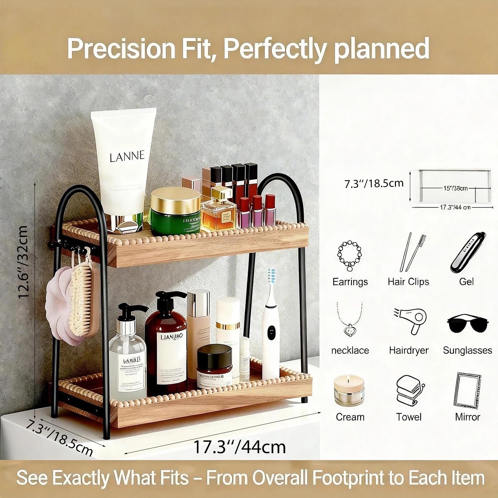 Perfume Organizer & Makeup Stand 2-Tier with 8 Hooks - Large Bathroom Counter Shelf for Vanity Storage, Skincare Display & Cologne Dresser Beauty Holder |Washroom Paulownia Wood Tray (44x18.5x32cm)