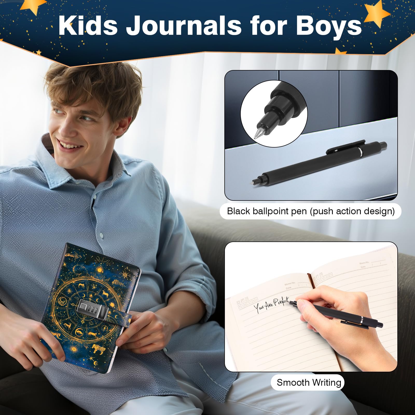 Diary with Lock for Boys, 192 Pages Journal for Men with Pen, Christmas Birthday Gifts for Teen Boys 8-18, A5 Vintage Mens Notebook Leather for Writing Travel Office