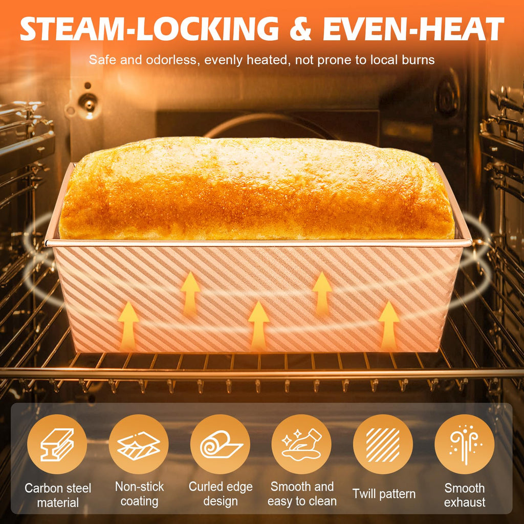 2Pack Pullman Loaf Pans with Lids – 2.2 LB & 1 LB Dough Capacity, Non-Stick Carbon Steel Bread Pans for Homemade Sandwich and Sourdough Bread, Corrugated Toast Mold