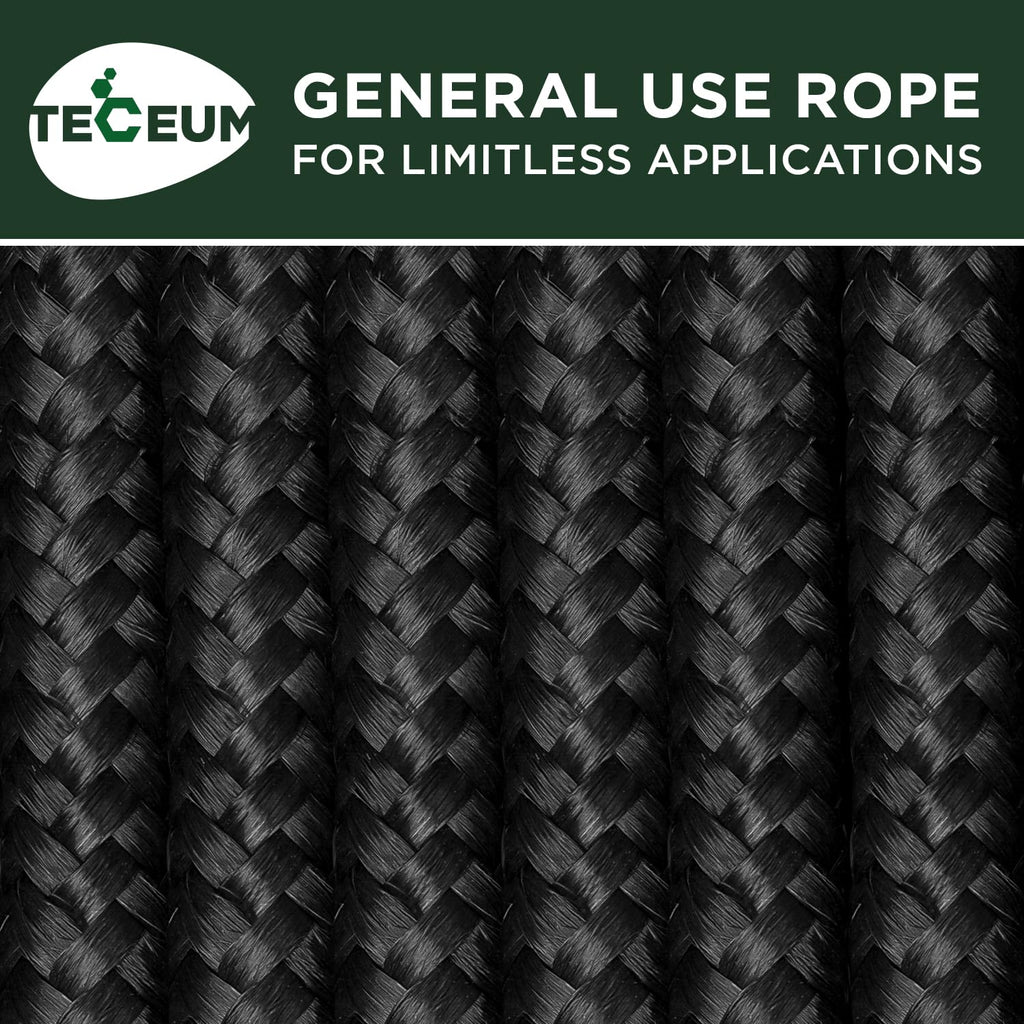 TECEUM Rope – 90 Feet x 3/8 Inch (10mm) – Black – Strong All-Purpose Utility Rope – Camping, Crafting, Flag Pole, Indoor & Outdoor – Polypropylene Nylon Poly Lightweight Diamond Braided Cord