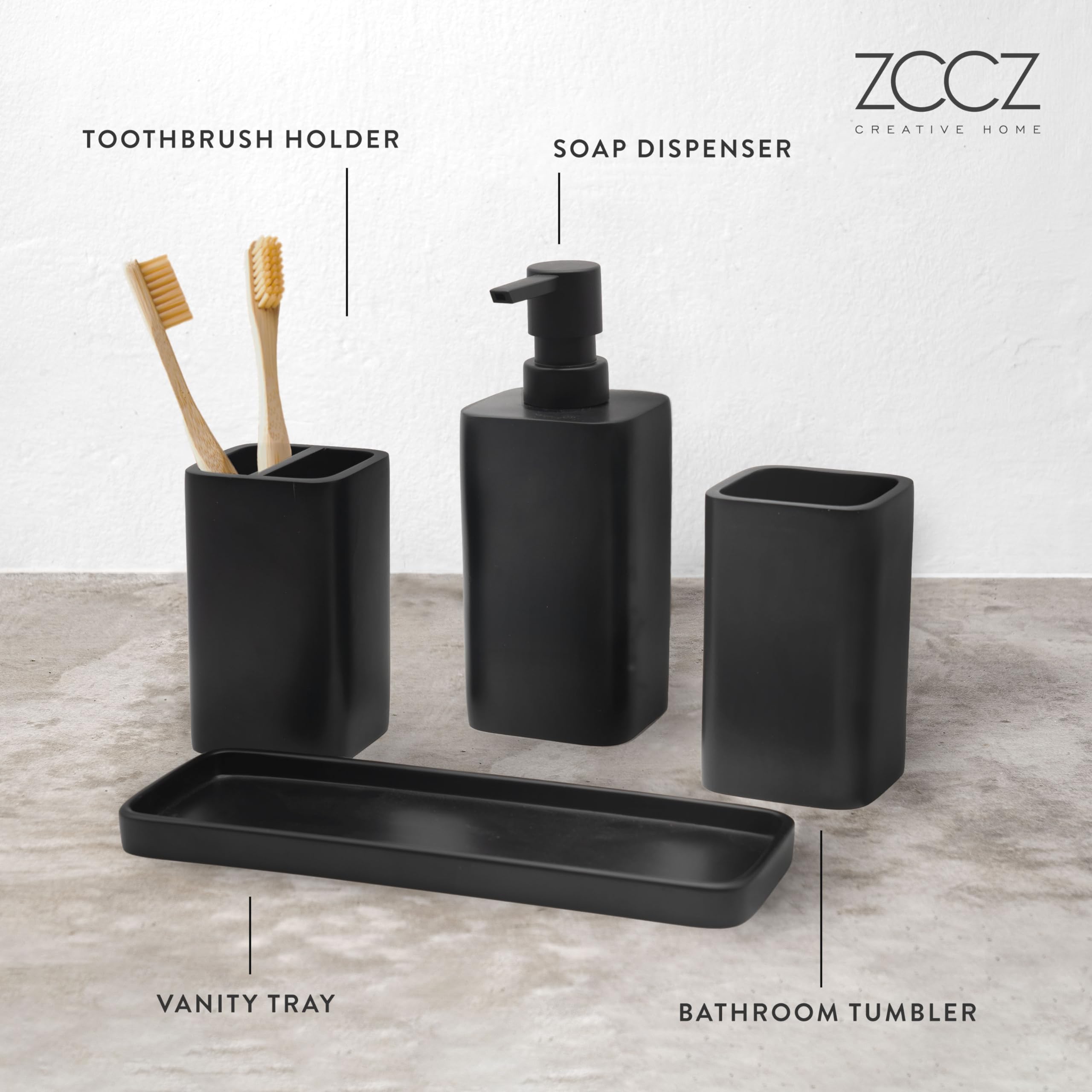 zccz Black Matte Bathroom Accessory Set - Bathroom Set with Toothbrush Holder, Soap Dispenser, Tumbler and Tray - Bathroom Soap Dispenser Set - Accessoire Salle de Bain - Black Bathroom Accessories