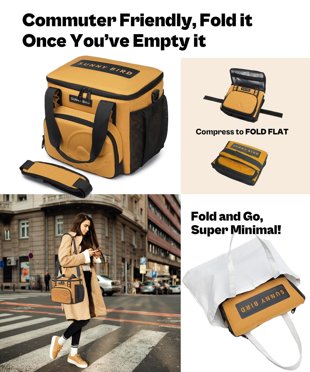 SUNNY BIRD 12L Large Insulated Lunch Bag, Leakproof and Foldable Lunch Cooler Box for Women Adult and Men, Fits 18 Cans (Ochre 01)