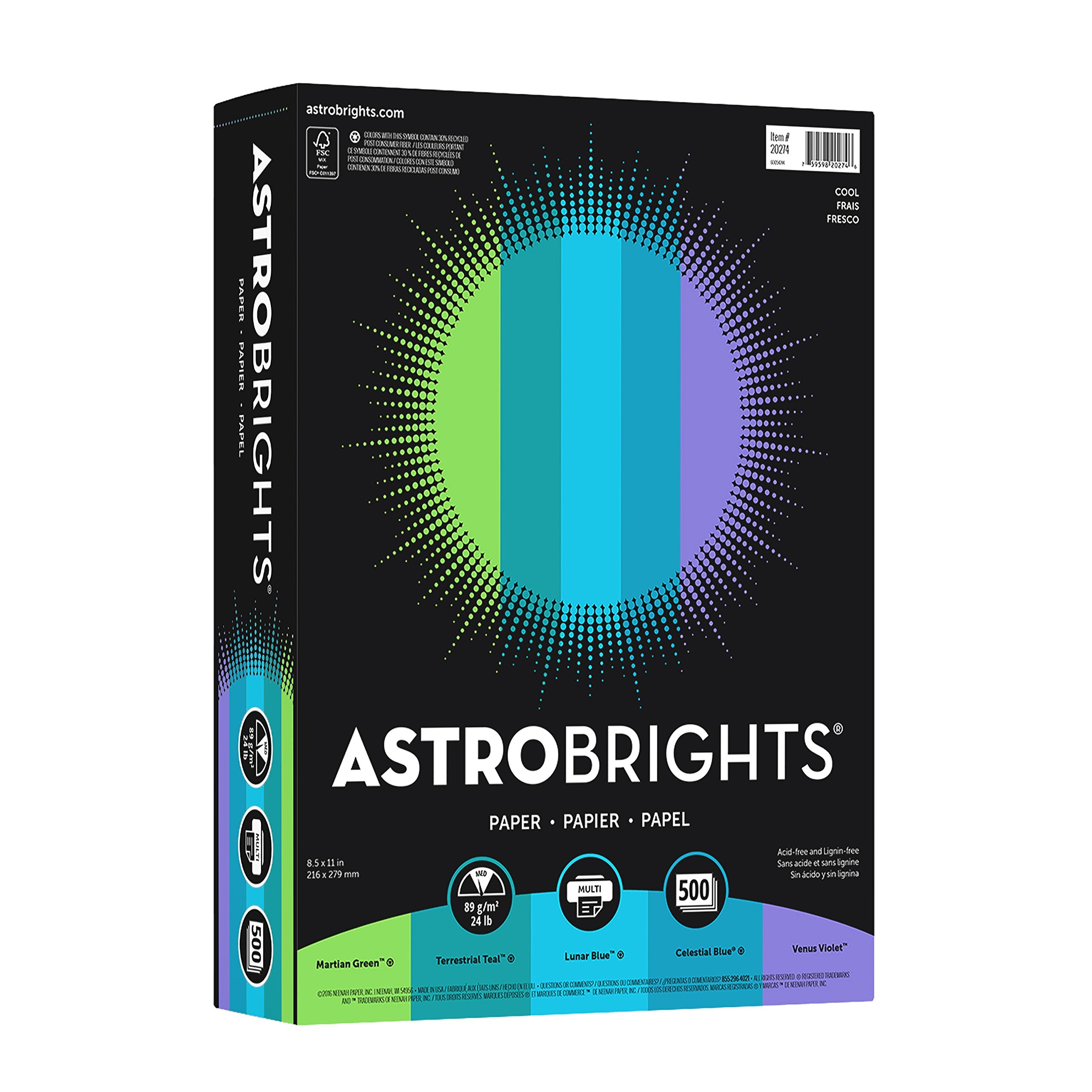 Astrobrights Color Paper, 8.5” x 11”, 24 lb / 89 gsm, “Cool” 5-Color Assortment, 500 Sheets