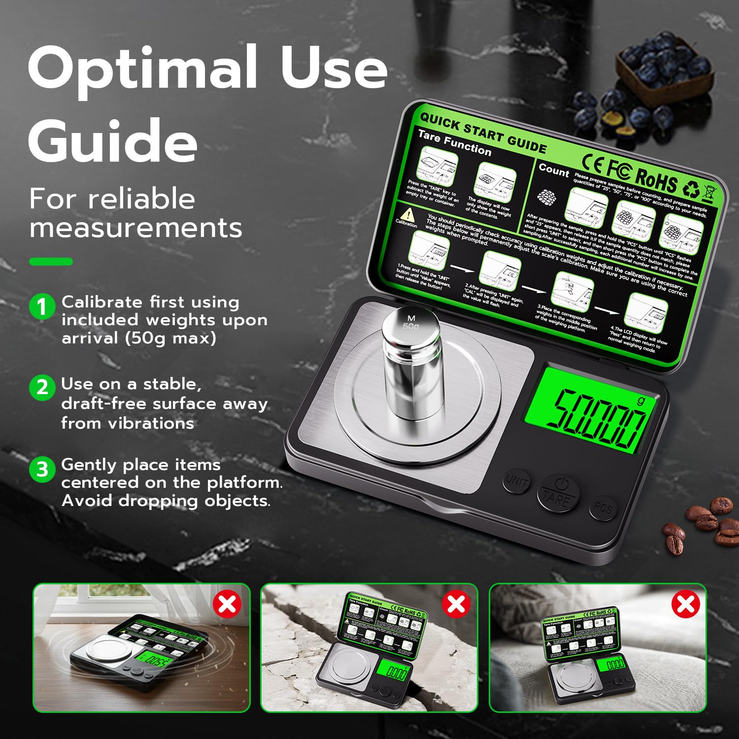 Wigearss High-Precision 50g x 0.001g Digital Scale – 7 Units, Backlit LCD, Tare & Calibration – Perfect for Jewelry, Gold, Herbs & More