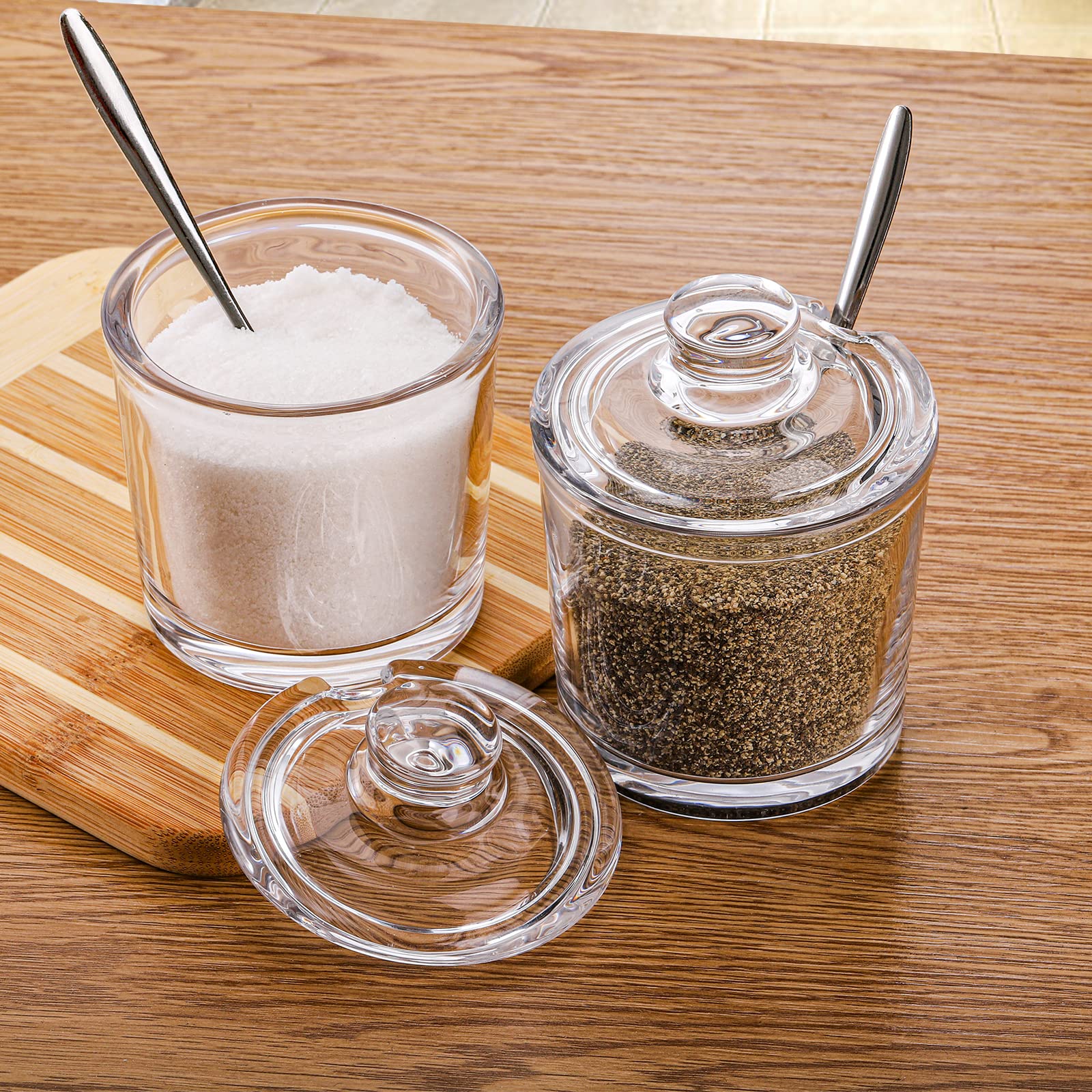 Frcctre Set of 2 Clear Glass Sugar Bowl, 6 Ounces Sugar Jar with Spoon and Lid, Salt Spice Pepper Bowl Seasoning Jar Condiment Pots Dispenser Container for Home Kitchen Restaurant Coffee Bar