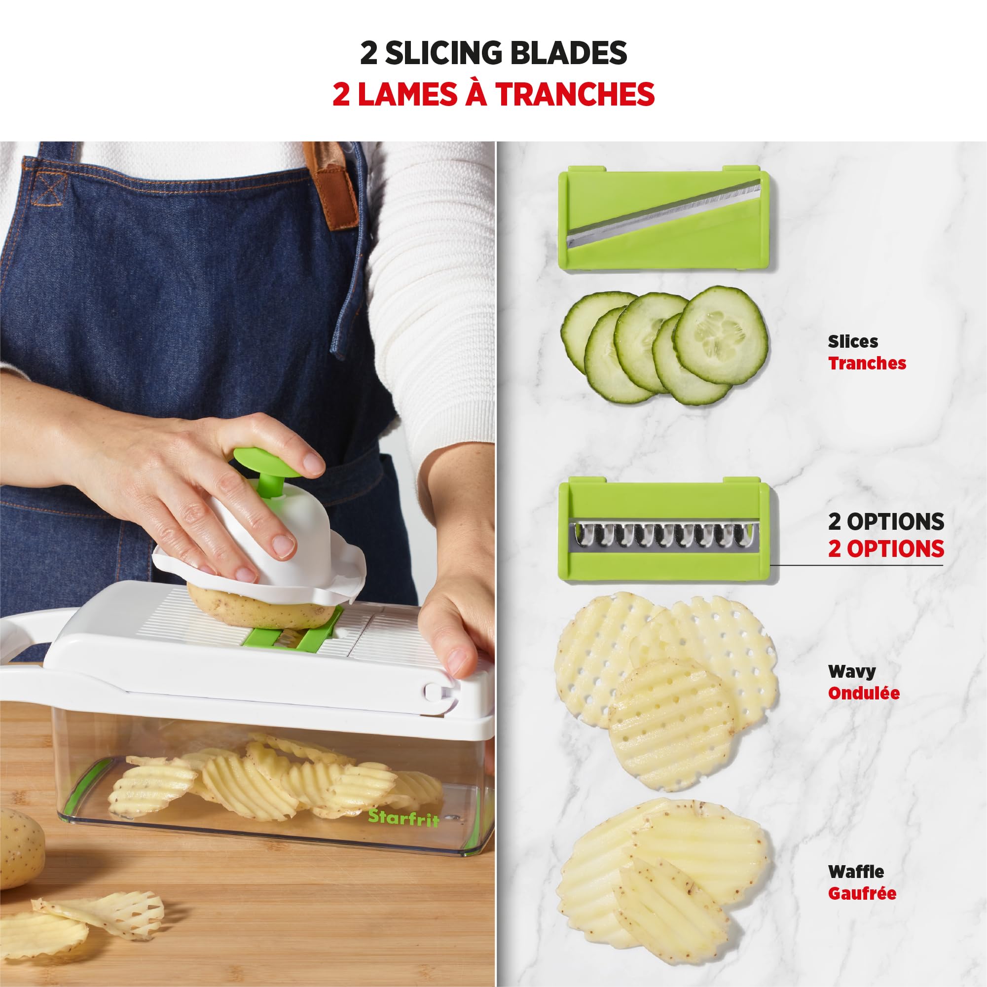 Starfrit Veggie Chopper Dicer Grater Slicer – 15-PC - 7 Interchangeable Blades - 9 Functions - Onion Chopper, Potato Slicer, Carrot Grater, Ginger Grater - Draining Basket and Container