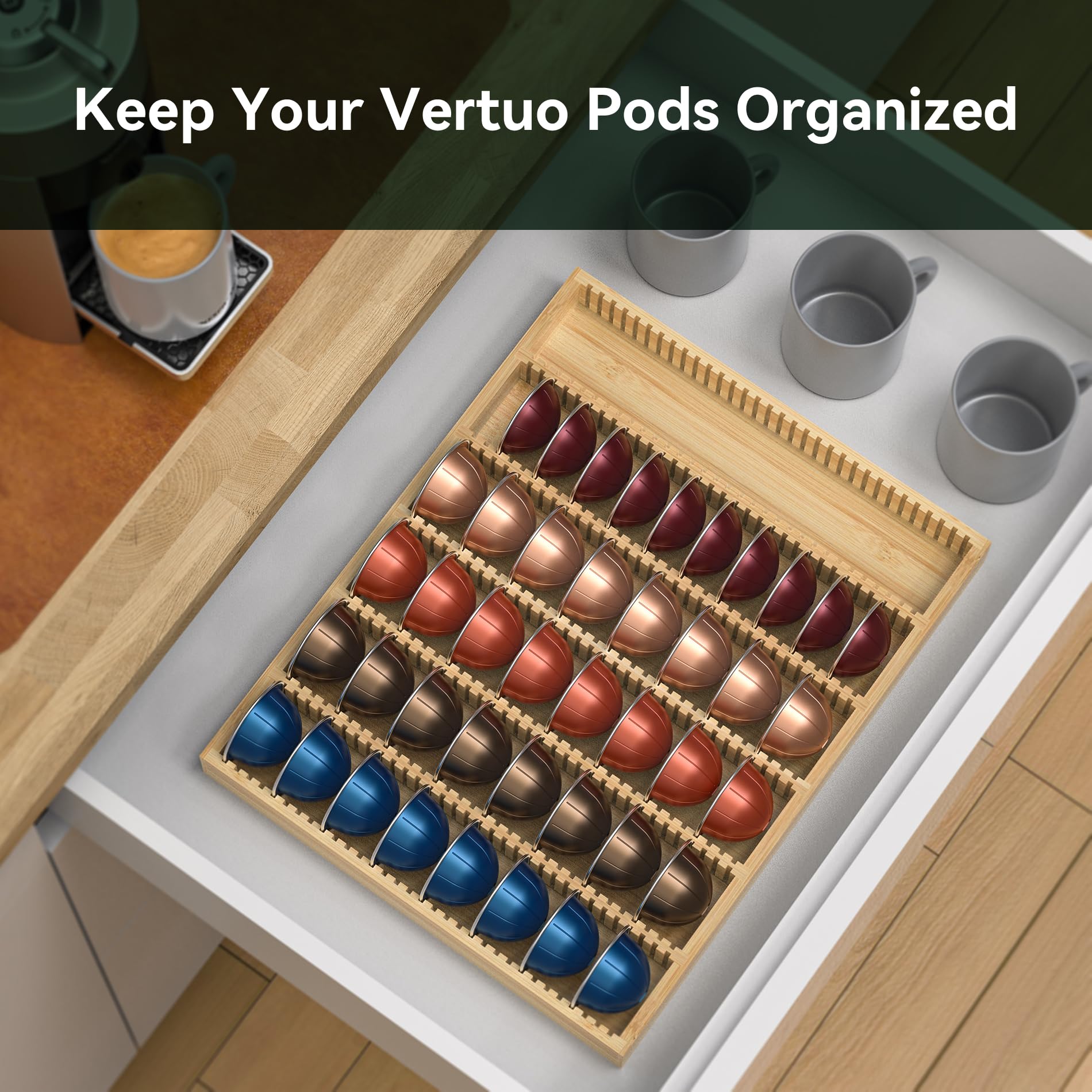 WELL WENG for Nespresso Vertuo Capsules - Premium Bamboo Coffee Pod Drawer Insert Organizer for Counter (48 Big or 60 Small Pods)
