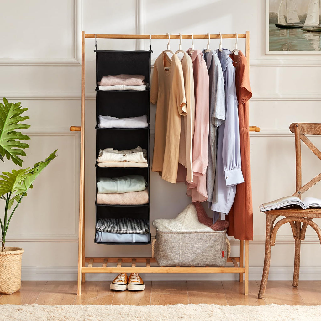 Lifewit Hanging Closet Organizer and Storage with 2 Sturdy Hooks, Rangement Garde Robe with Metal Hooks, Closet Shelf Hanging Wardrobe Organizers for Clothes, Towels, Shoes, 5 Shelves, 2 Pack, Black