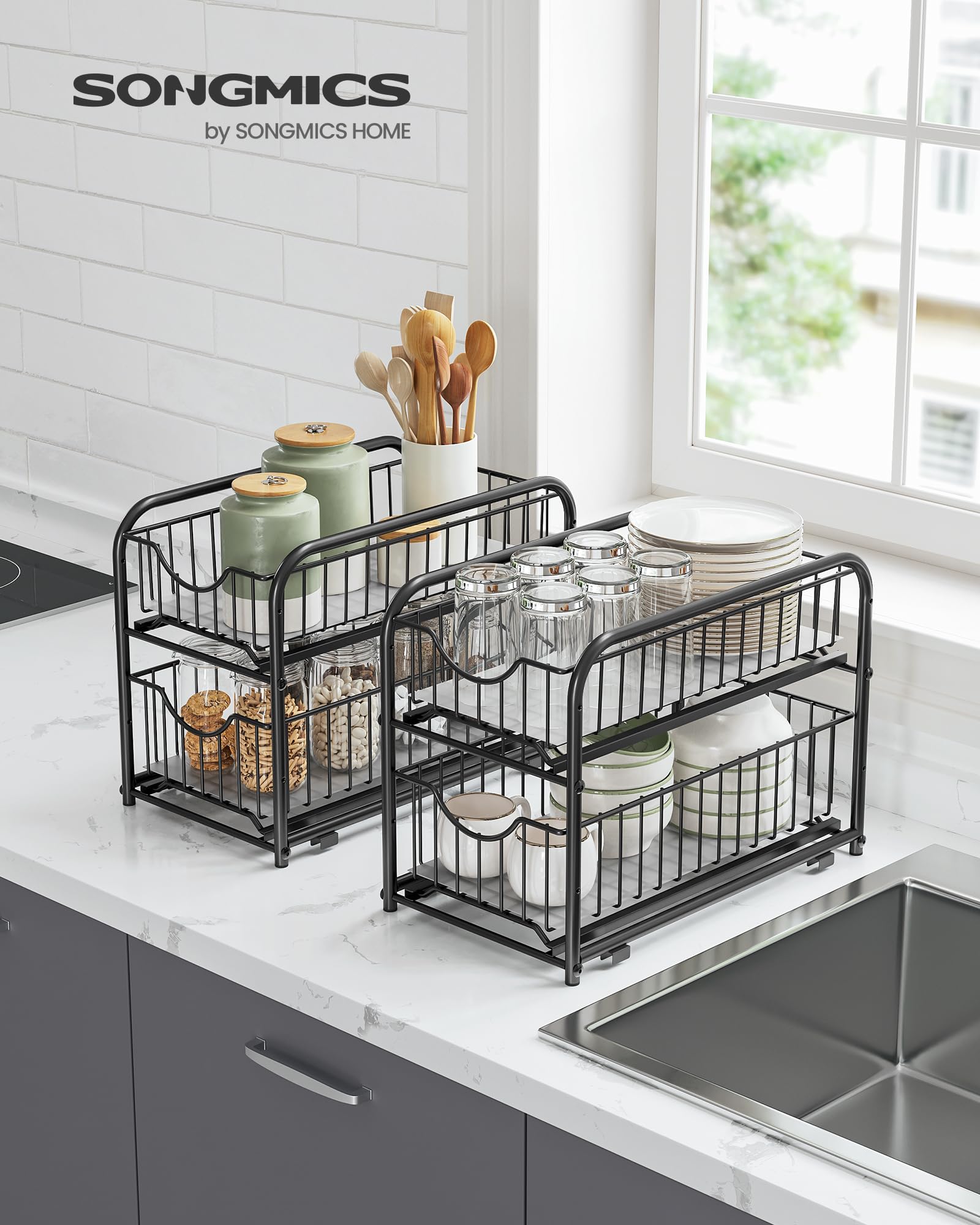 SONGMICS Pull Out Cabinet Organizer, 2-Tier Stackable Bathroom Organizer and Storage, 2 Sliding Basket Drawers, Cabinet Organizer for Kitchen, Bathroom, Ink Black UKCS017B01