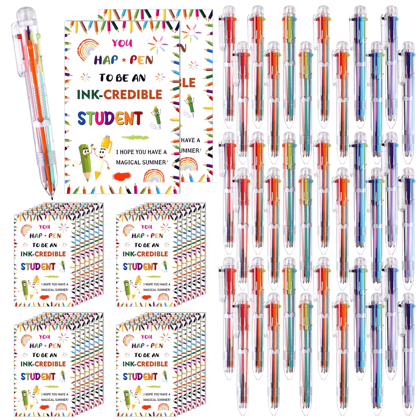 72 Pcs End of Year School Gifts 6 in 1 Multicolor Ballpoint Pen Cards from Teacher Include Multicolor Retractable Ballpoint Pens Greeting Cards for Home Office learners Graduation Party Supplies