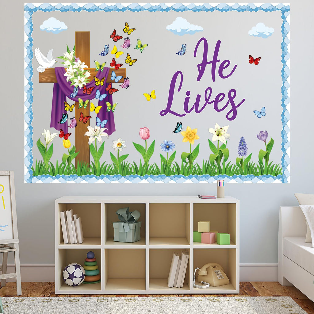 Easter Bulletin Board Decorations Christian Religious Bulletin Board Set He Lives Cross Cutouts for Spring School Sunday Home Church Wall Door(Christian)