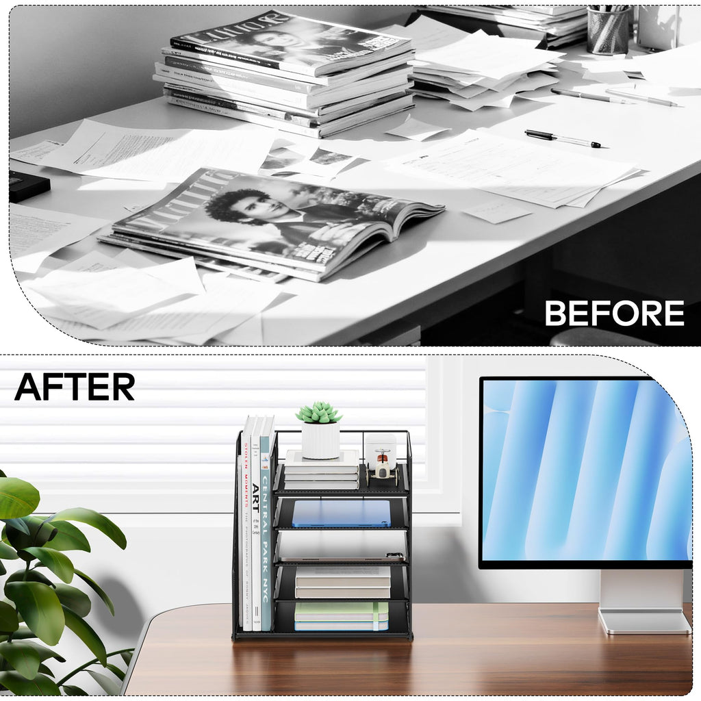Auvo ADO04 Metal Mesh Desk Organizer, 5-Tier Paper Letter Tray with File Holder, Vertical Magazine/File Holder, Desktop Organizer for Office Supplies, Black