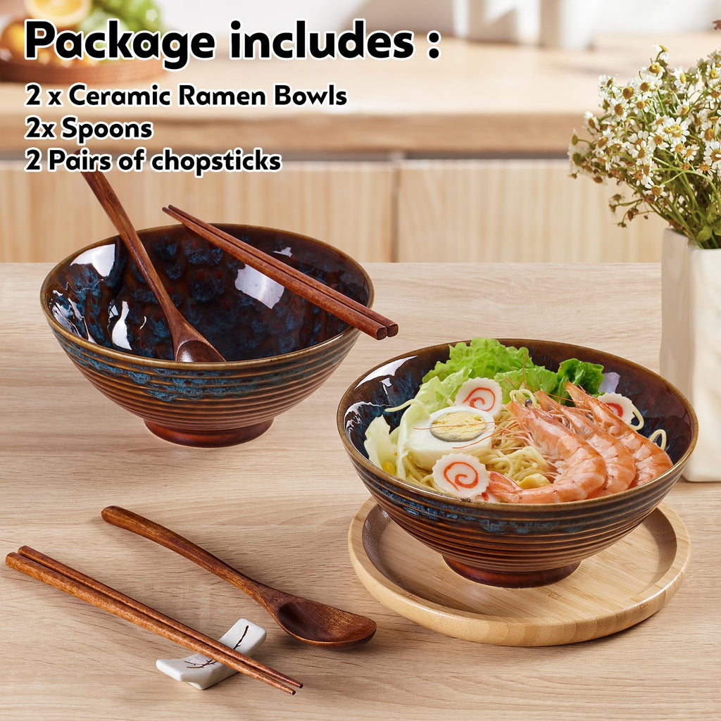 2X Ceramic Ramen Bowls - 40 oz - 20cm - with Spoon and Chopsticks for Ramen Soup Pho Udon Asian Noodles, Large Noodle Bowls (Cat's Eye Glaze 2 Sets)