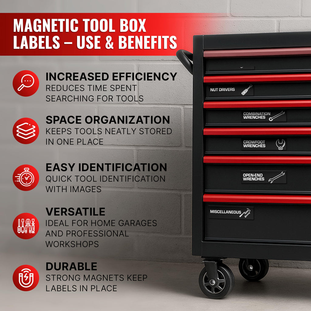 90 Pcs Magnetic Tool Box Labels 3.5x1 inch - Magnetic Toolbox Labels for Tool Box Drawers Strong Magnet Toolbox Organizer Chest Black Pre-Printed & Blanked Emblems for Organization - Toolbox Emblems