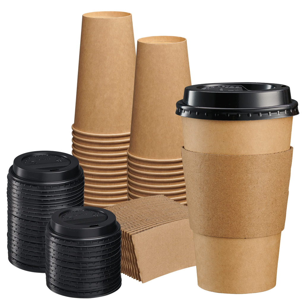 GUSTO [16 oz. - 50 Sets] Disposable Kraft Coffee Cups with Black Lids, Sleeves - to Go Paper Hot Cups (Formerly Comfy Package)