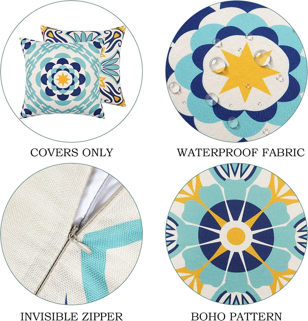 Dremisland Outdoor Throw Pillow Covers Waterproof Pillow Covers 18x18 Set of 4 Boho Linen Throw Pillow Covers Modern Blue Decorative Pillow Case for Patio Garden Balcony Couch Deck Chair