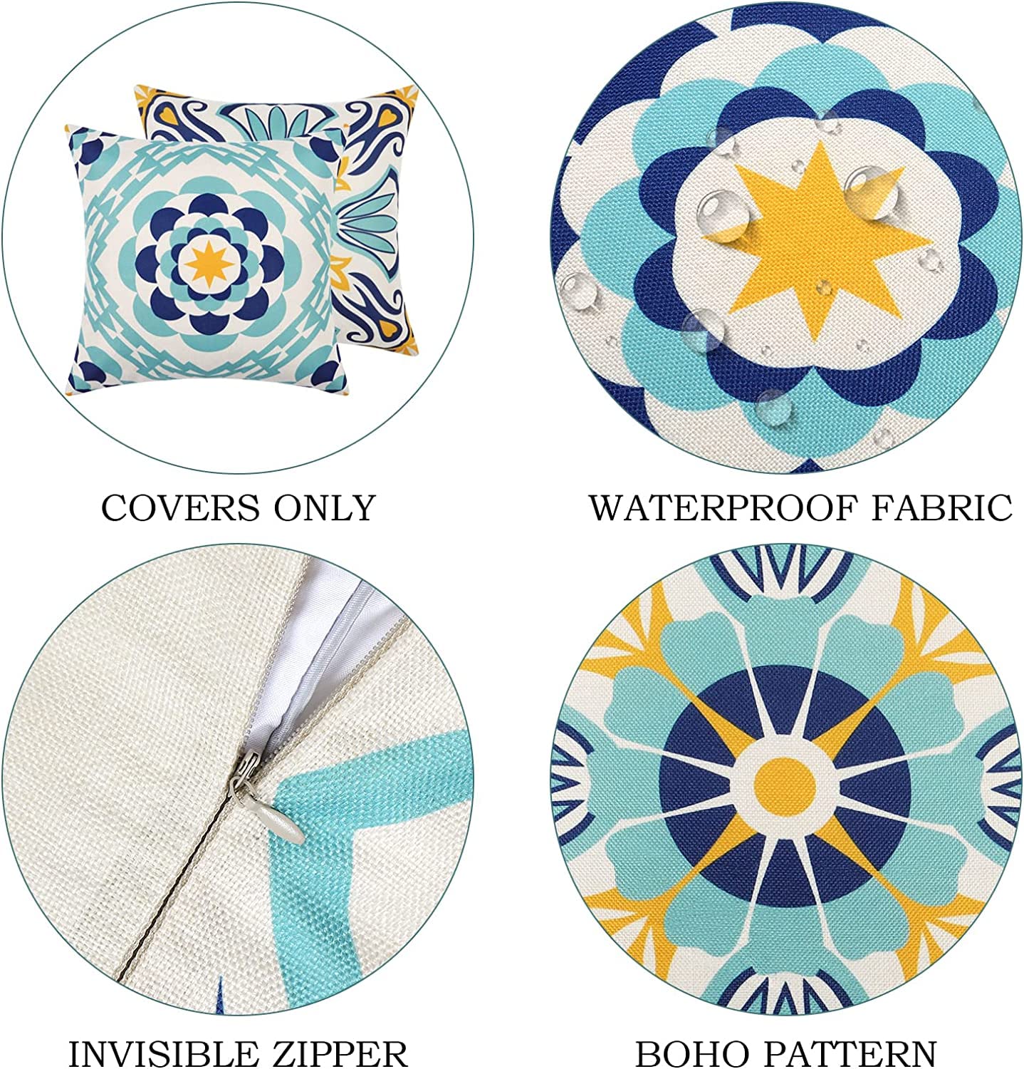 Dremisland Outdoor Throw Pillow Covers Waterproof Pillow Covers 18x18 Set of 4 Boho Linen Throw Pillow Covers Modern Blue Decorative Pillow Case for Patio Garden Balcony Couch Deck Chair