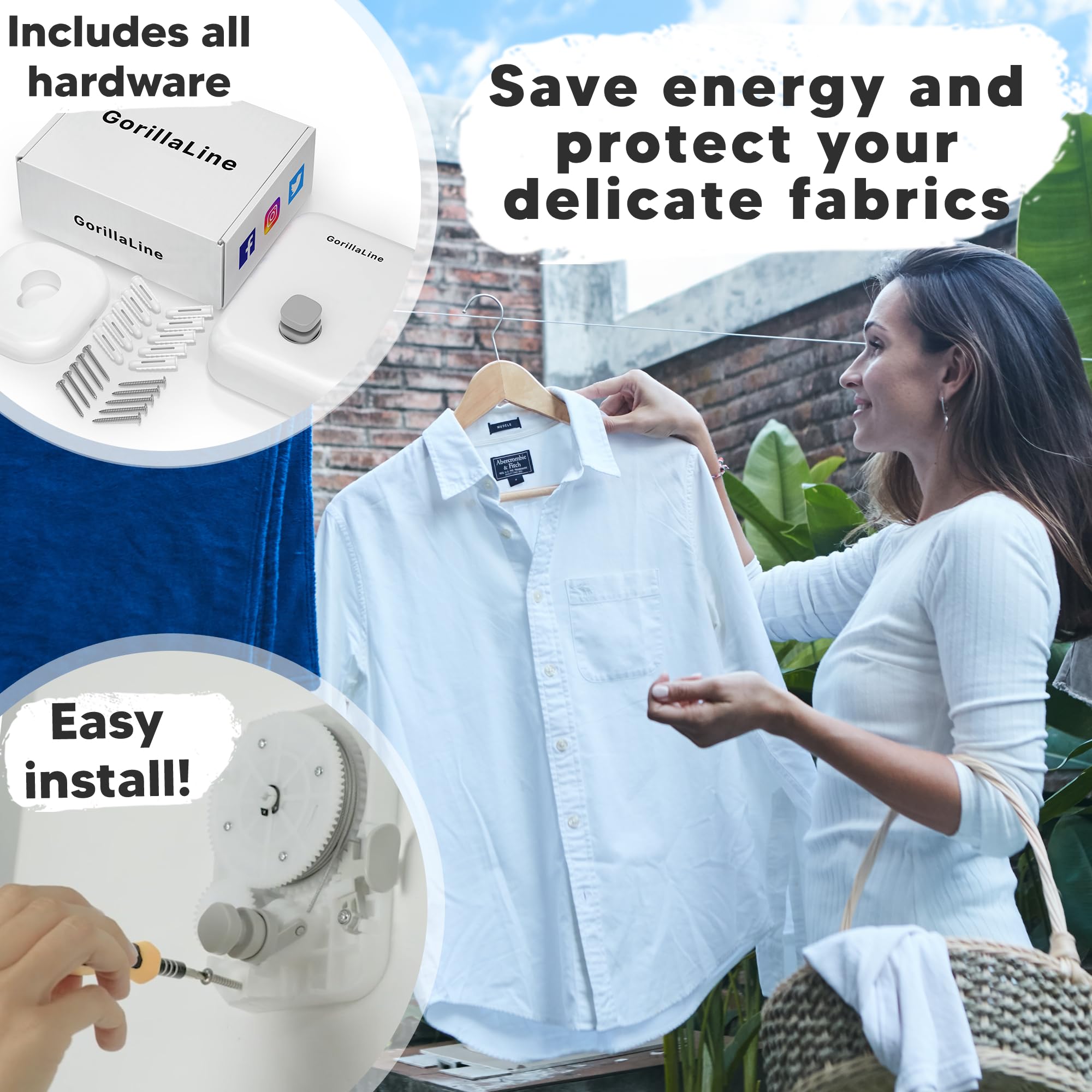 GorillaLine - Retractable Clothesline Indoor Outdoor Clothes Line - Heavy Duty Clothes Drying Laundry Line - Wall Mounted Drying Rack - Air Dry Clothing