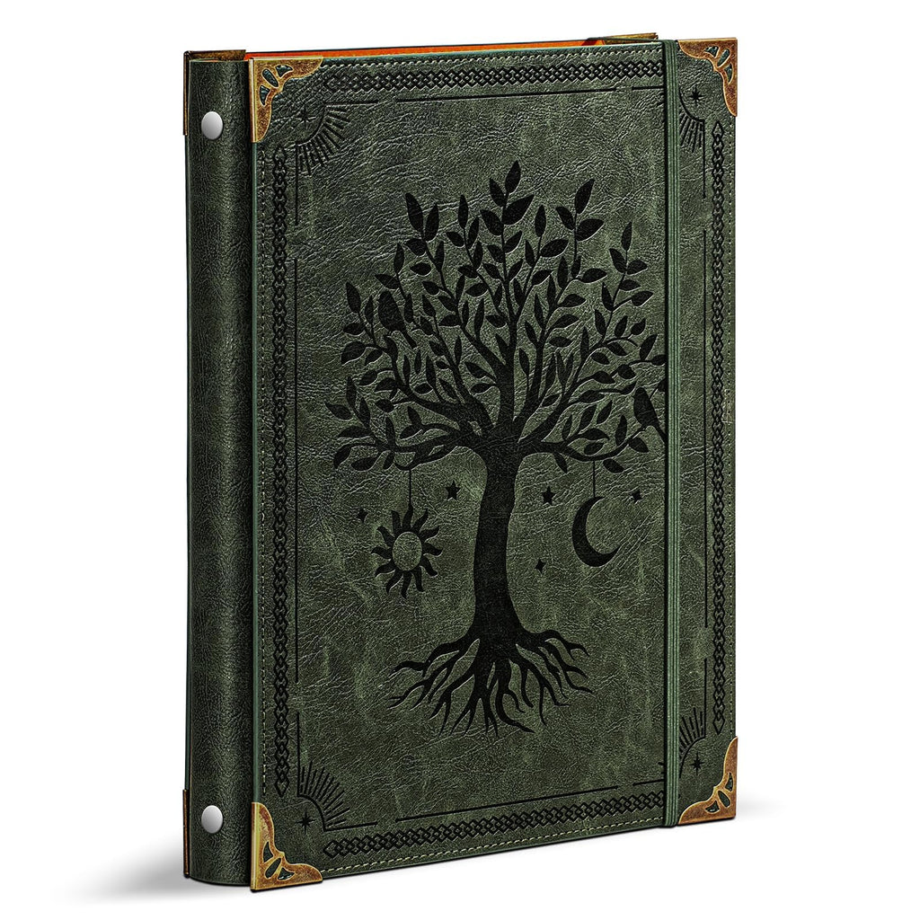 Ovesmusl Leather 3 Ring Binder Fits 8.5"x11" Letter Size Paper, 1 Inch Round Ring Binder Holds 200 Sheets, Notepad Paper Cover Loose Leaf Organizer, Brown Tree