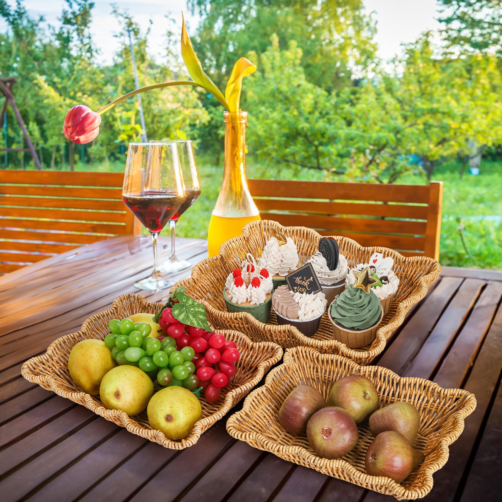 Jucoan 3 Pack Poly Wicker Bread Baskets, Imitation Rattan Fruit Baskets, Rectangular Tabletop Woven Serving Baskets Trays for Fruits Vegetables and Snacks