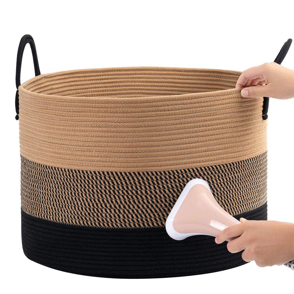 Goodpick XXXLarge Cotton Rope Basket, 21" x 14", Woven Blanket Storage Basket for Living Room Laundry Basket for Pillows Toys Clothes Hamper Wicker Basket with Handles, Black Jute Stripes