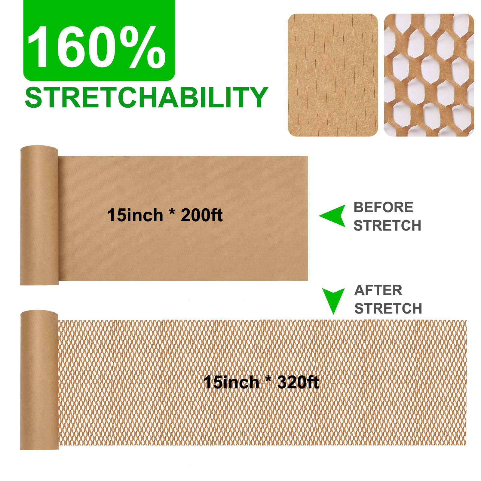Honeycomb Packing Paper 15” x 200’ Moving Suppliers Bubble Cushioning Wrap Paper Roll for Moving/Shipping/Packing with 80 Fragile Sticker Protective Eco Friendly & Recyclable (15"x200')