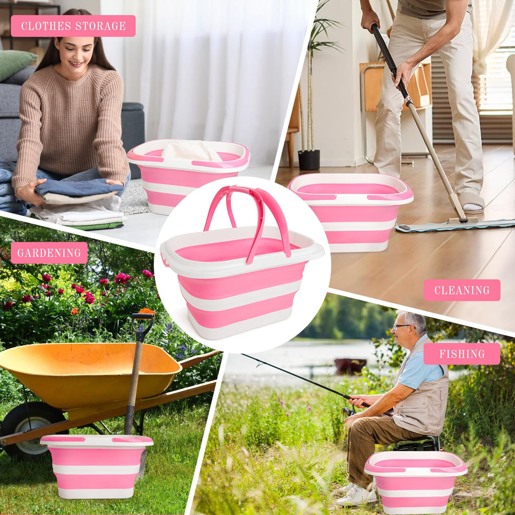 XXFLOWER 16L Collapsible Cleaning Bucket with Handle, Silicone Foldable Bucket, Indoor & Outdoor Space-Saving for Home Storage, House Cleaning, Car Wash, Camping & Beach, Pink-White