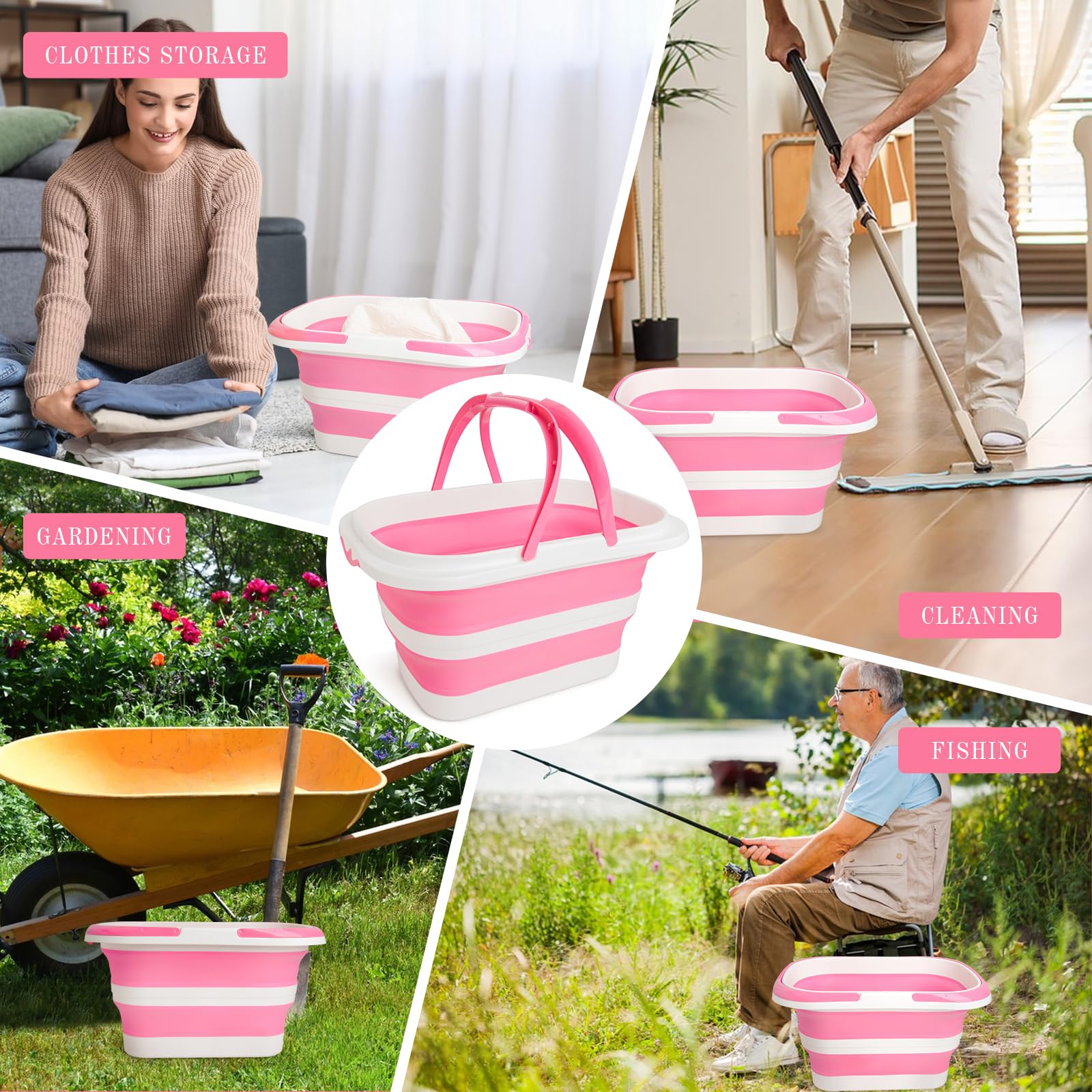 XXFLOWER 16L Collapsible Cleaning Bucket with Handle, Silicone Foldable Bucket, Indoor & Outdoor Space-Saving for Home Storage, House Cleaning, Car Wash, Camping & Beach, Pink-White