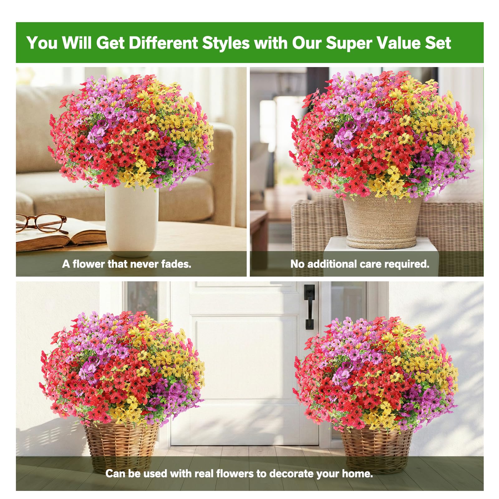 Artificial Flowers for Outdoor,Silk Flowers No Fade Fake Plastic Flowers Faux Plants for Outdoors Outside Front Porch Hanging Planter Window Box Garden Home Decoration,13 Pack(Multi-Colour2)