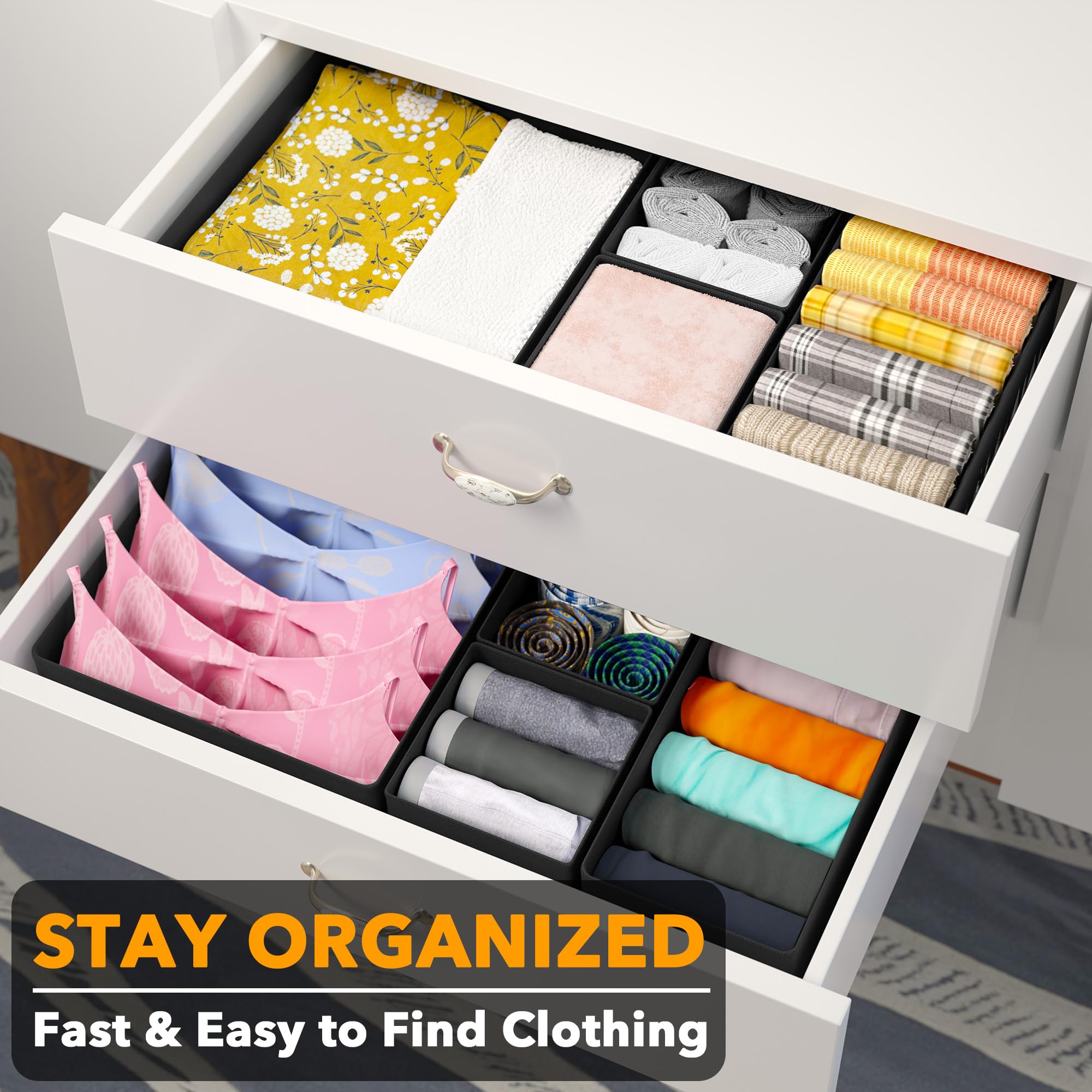 SpaceAid Drawer Organizer for Clothes, 12 Pack Dresser Drawer Organizer Bins, Closet Organizers and Storage Dividers for Clothing, Underwears, Socks (Black)