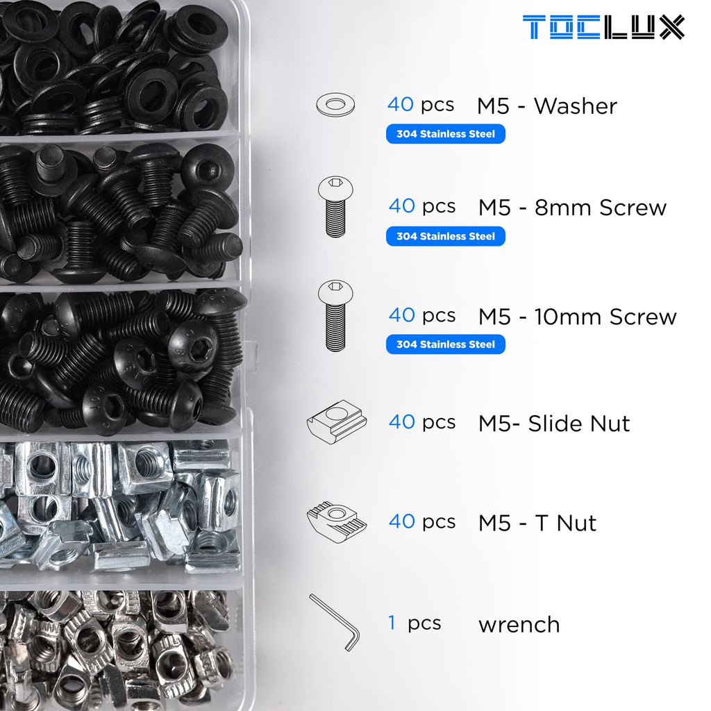 200pcs 2020 Series M5 T Nut and Black Screw Kit – Sliding & Drop-in T-Nuts, M5x8 & 10mm Black Screws, Washers, Hex Wrench – for 6mm T-Slot Aluminum Extrusion Accessories Extruded Aluminum Hardware