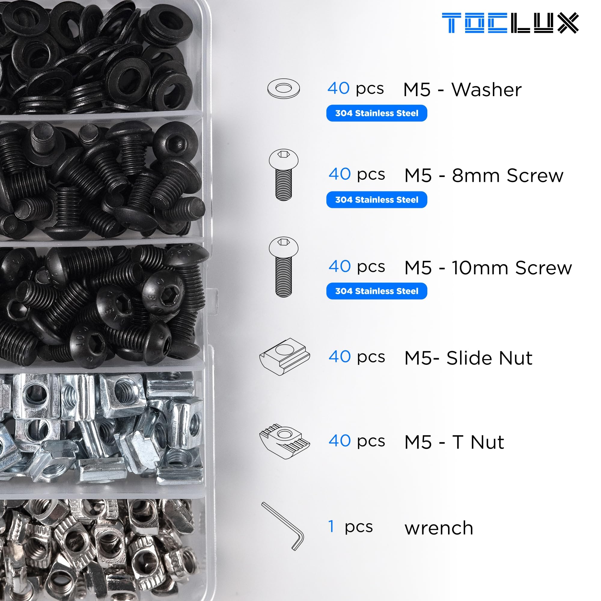 200pcs 2020 Series M5 T Nut and Black Screw Kit – Sliding & Drop-in T-Nuts, M5x8 & 10mm Black Screws, Washers, Hex Wrench – for 6mm T-Slot Aluminum Extrusion Accessories Extruded Aluminum Hardware