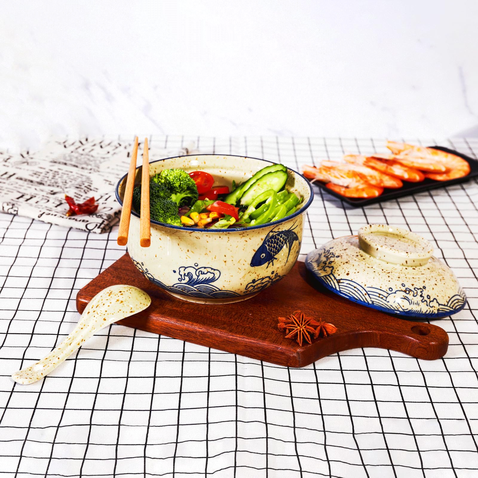 800ml Ceramic Ramen Bowl Set with Lid, Spoon and Chopsticks, Large Soup Bowls Japanese Vintage Instant Noodle Bowl Asian Tableware (Fish * 1)