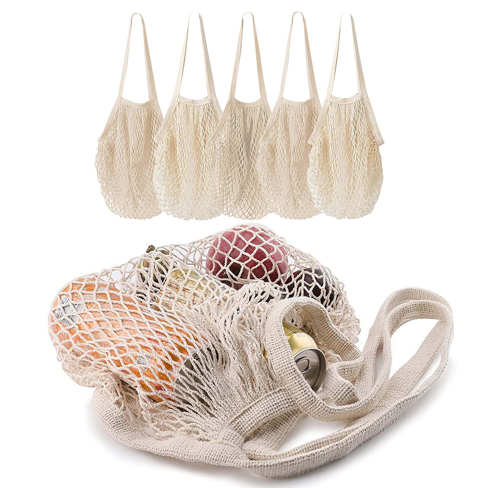 MERCURHOUSE 5 pack Cotton String Shopping Bags Reusable Washable Grocery Mesh Bags Organizer for Grocery Shopping Produce Net Bags with Longhandle for Fruit Vegetable Storage