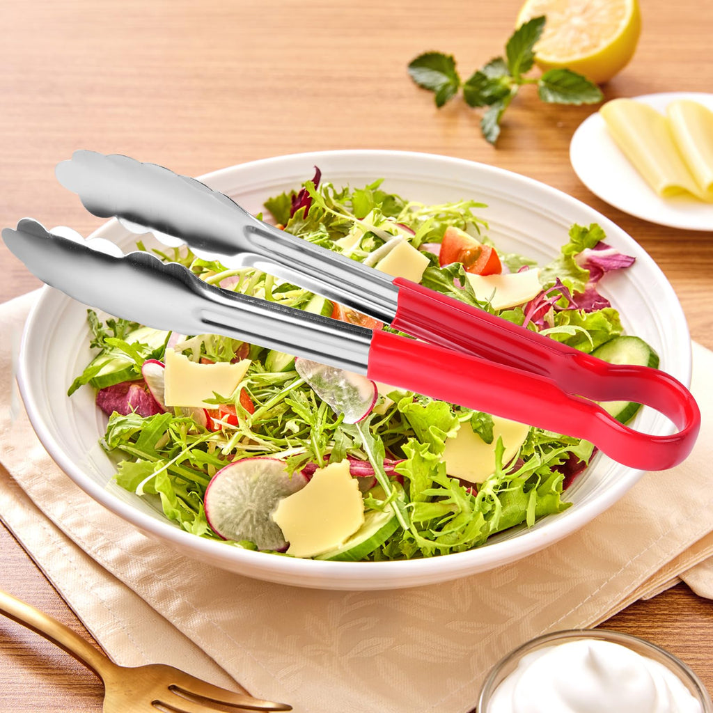 Worldity 10 Pack 9 in Kitchen Tongs, Heat Resistant Stainless Steel Serving Tongs with Non-Slip Handle, Red Serving Tong for Cooking, BBQ, Buffet, Dinner