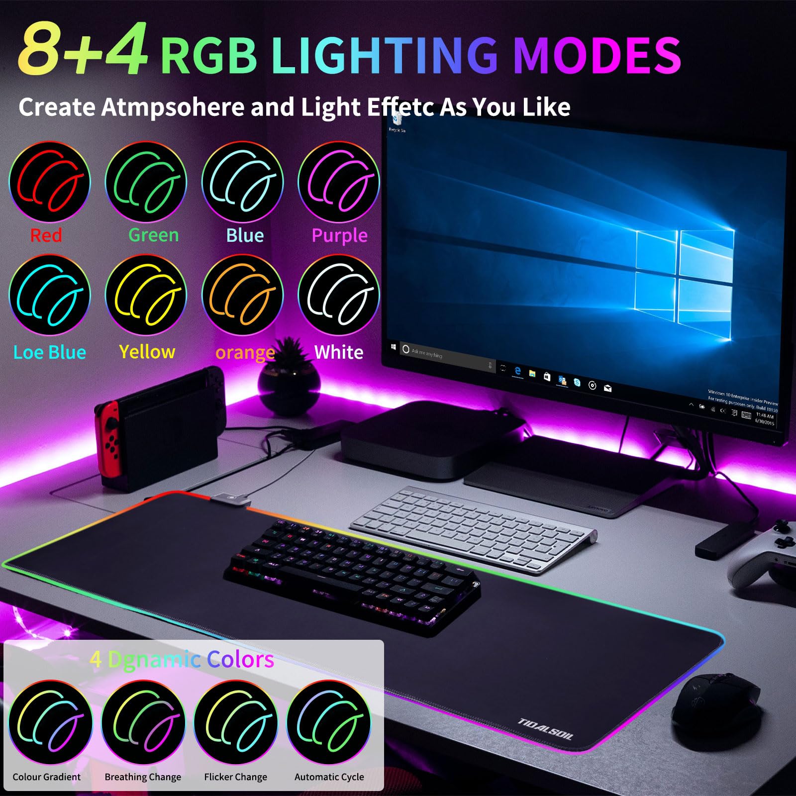 TIDALSOIL RGB Gaming Mouse Pad, Oversized Mouse Mat with 12 Light Modes, Non-Slip Rubber Base, Large Computer Keyboard Mouse Pad for PC Gaming, Office, 800 x 300 x 3 mm, Black