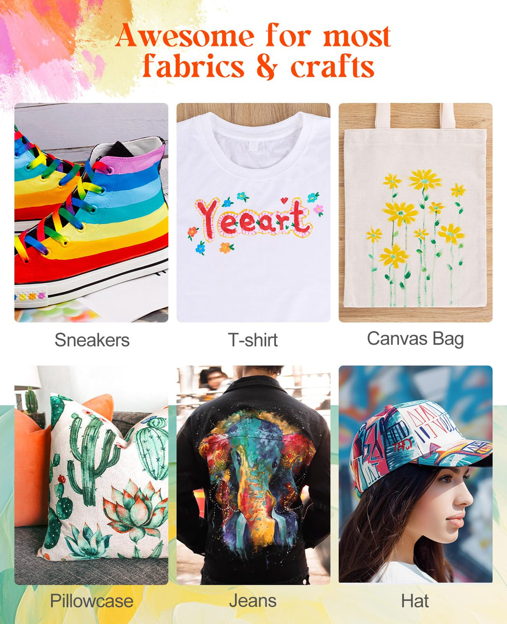 Fabric Paint, Yeeart 20 Colors Permanent Soft Fabric Paint Set for Clothes in Bottles (60ml/2oz) with 10 Brushes, Palette, Non-Toxic Textile Paint Art Supplies for Clothes, Canvas, T-Shirts, Jeans