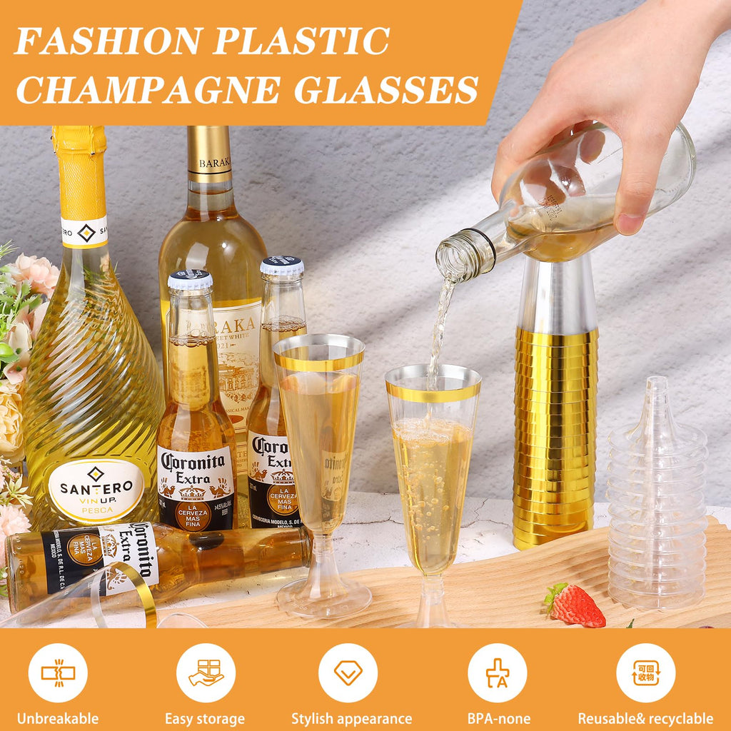 50 Pcs Plastic Champagne Flutes, 5 Oz Champagne Glasses, Plastic Wine Glasses for Party, Disposable Champagne Cups for Wedding