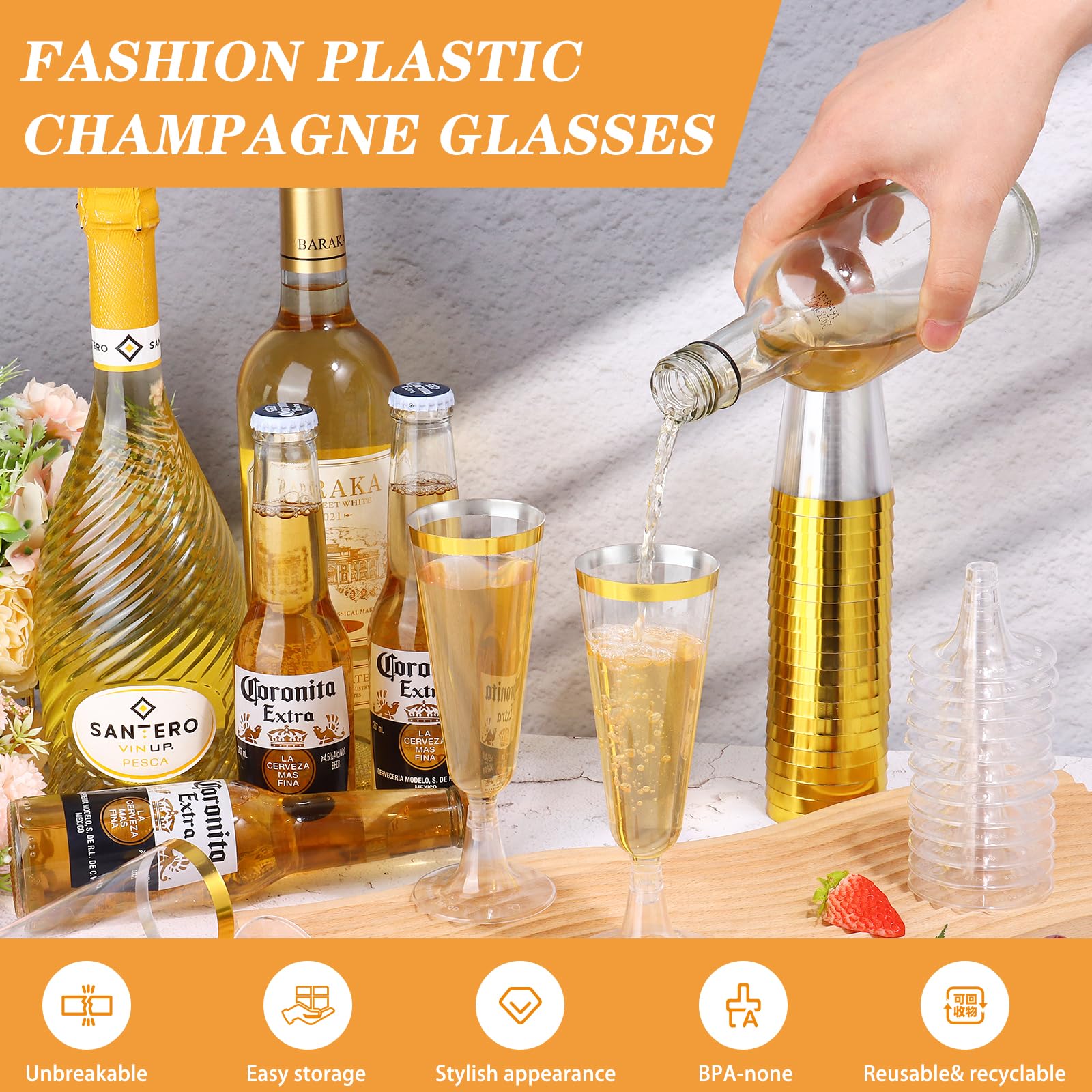 50 Pcs Plastic Champagne Flutes, 5 Oz Champagne Glasses, Plastic Wine Glasses for Party, Disposable Champagne Cups for Wedding