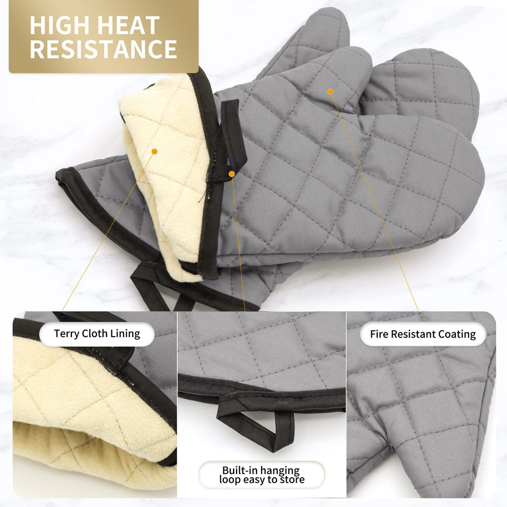 ARCLIBER Oven Mitts 1 Pair of Quilted Lining - Heat Resistant Kitchen Gloves,Flame Oven Mitt Set,Grey