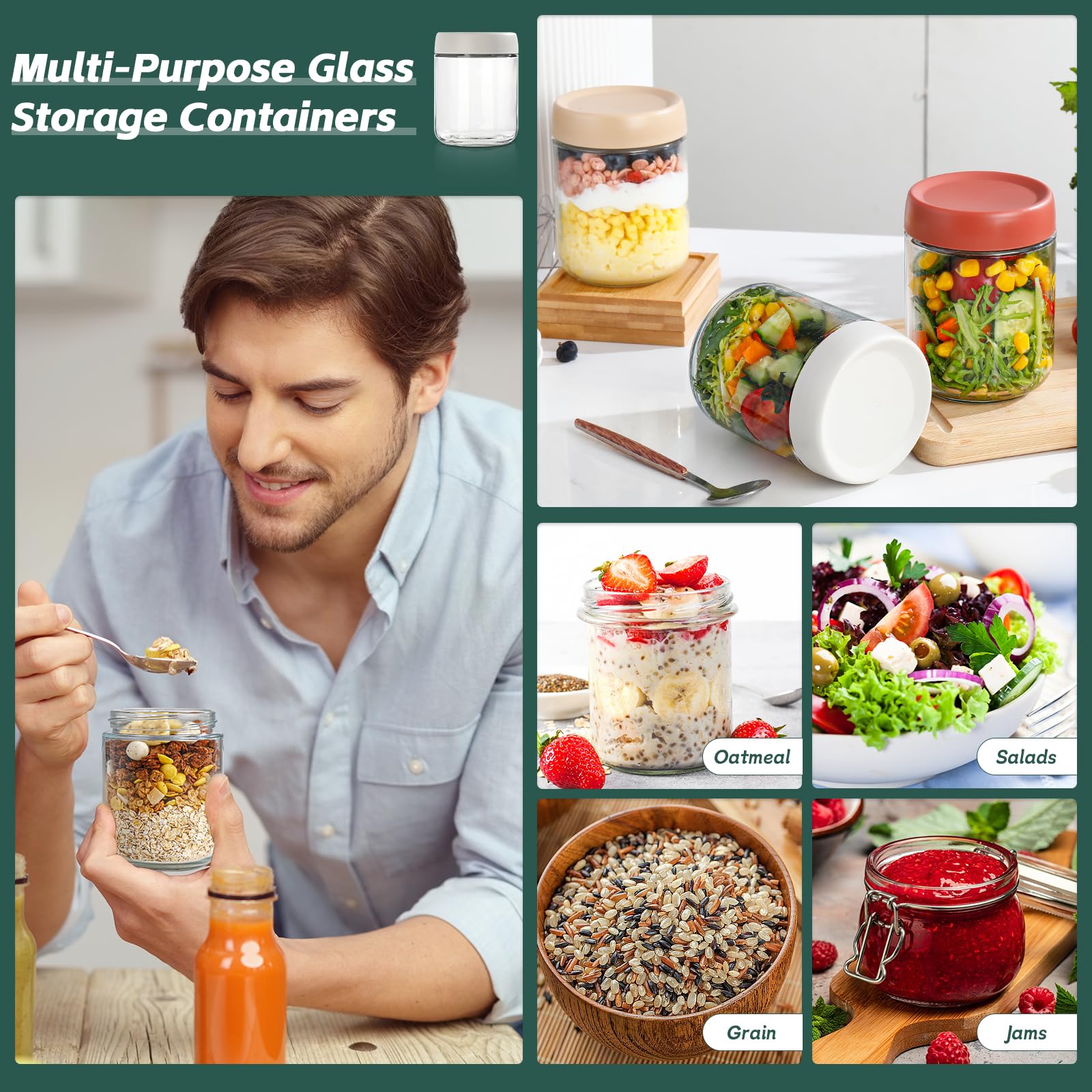 Overnight Oats Jar,Mason Jars,Overnight Oats Containers With Lids,16 OZ - Set Of 4,Chia Pudding Jars With Lids, Oatmeal Container To Go, With Spoon And Marker